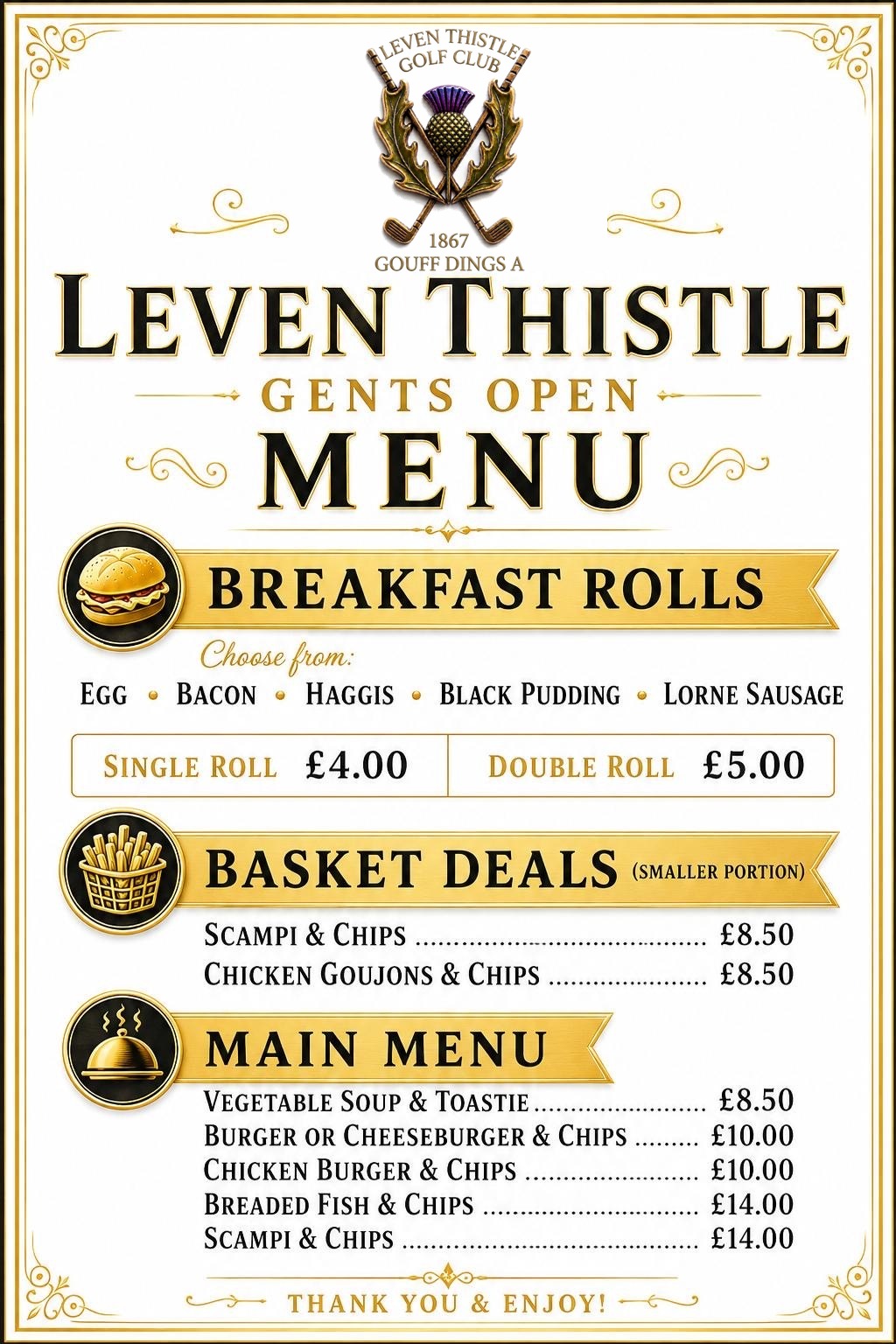 Leven Thistle Gents Open menu — breakfast rolls, basket deals and main menu with prices