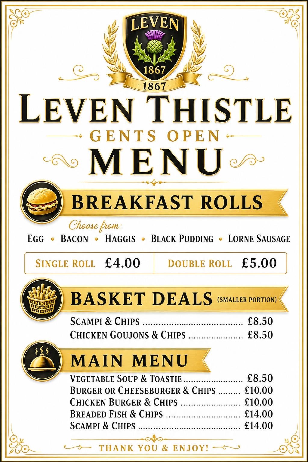 Leven Thistle Gents Open menu — breakfast rolls, basket deals and main menu with prices