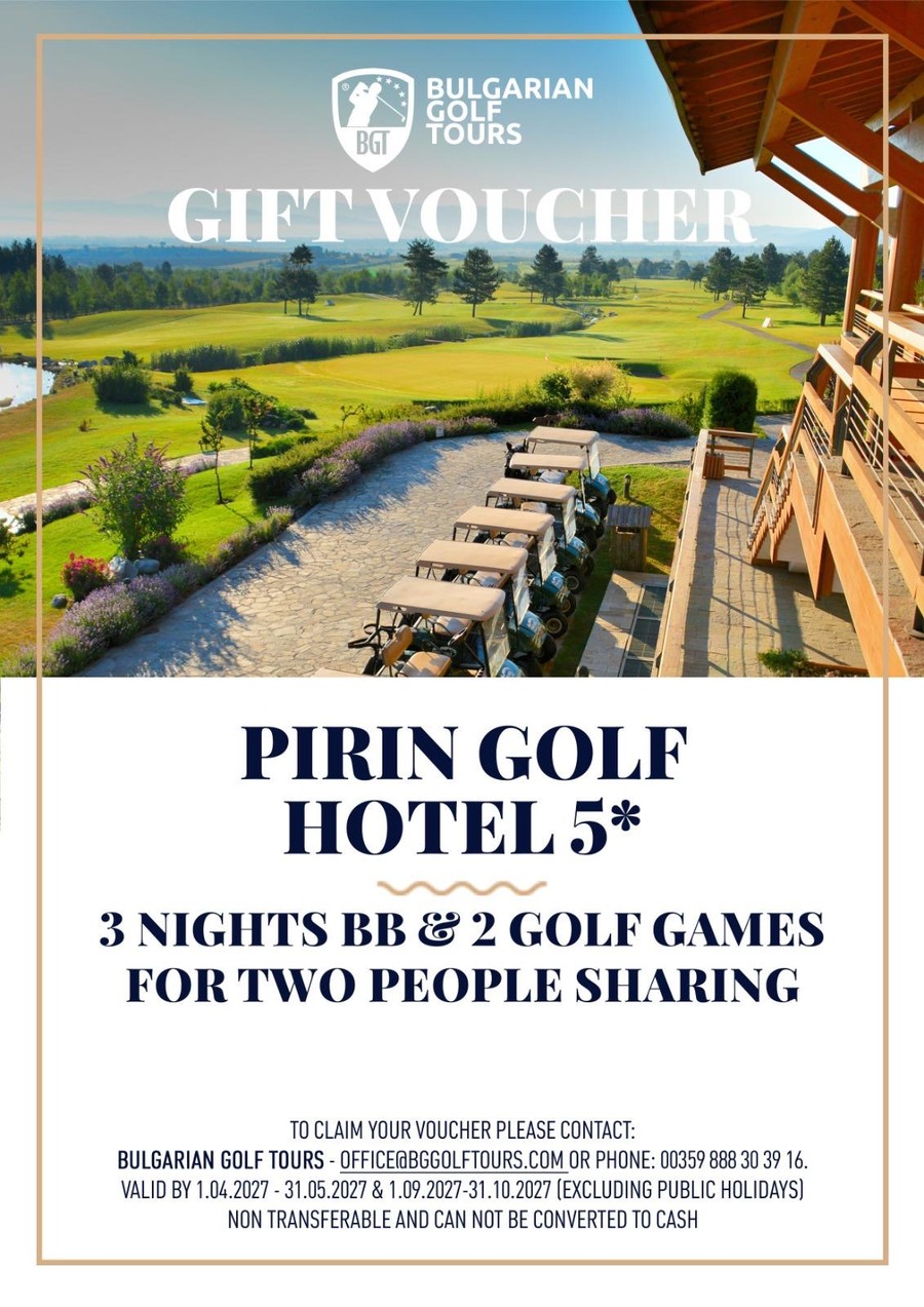 Bulgarian Golf Tours gift voucher — Pirin Golf Hotel 5 star, 3 nights bed and breakfast and 2 golf games for two people sharing